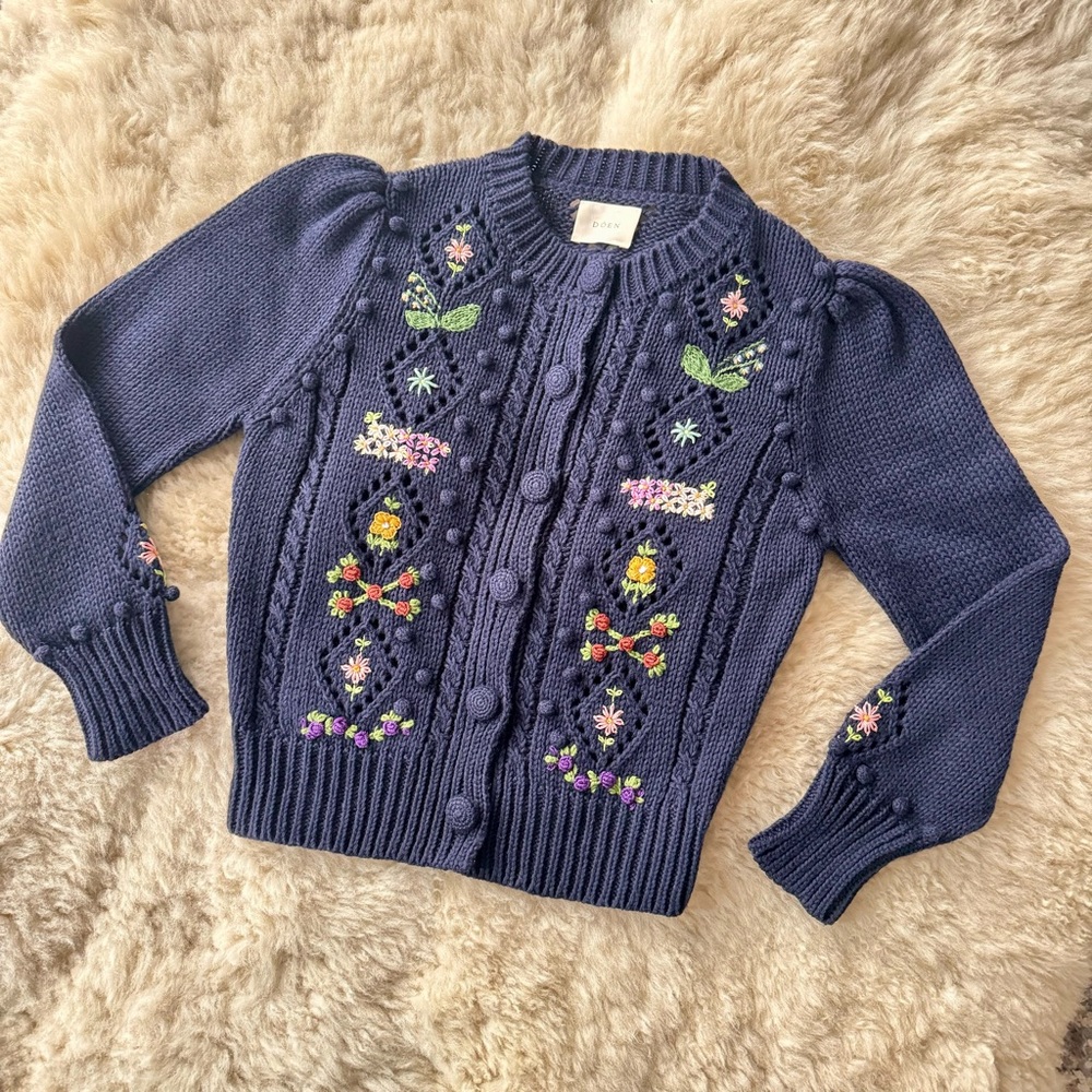 ✨💙DÔEN ‘Forget Me Not’ Embroidered Cable Knit Cardigan Sweater Navy XS - Picture 6 of 14